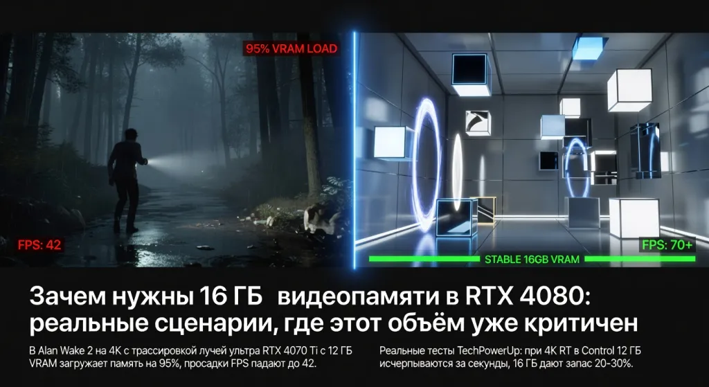 Зачем нужны 16 ГБ видеопамяти в RTX 4080: реальные сценарии, где этот объём уже критичен