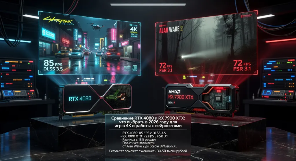 Сравнение RTX 4080 и RX 7900 XTX: что выбрать в 2026 году для игр в 4K и работы с нейросетями